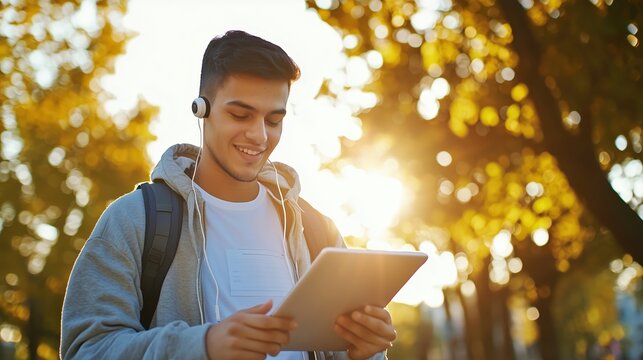 Young trader using tablet in park during jog break