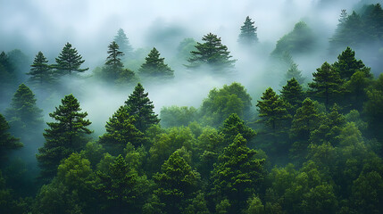 Fototapeta premium A foggy pine forest with vibrant green trees fading into the mist. The thick layer of fog adds an otherworldly, ethereal quality to the scene, making the dense foliage seem to float in the misty air.