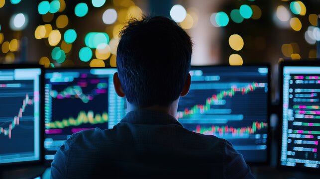Trader in Neon Basement Analyzing Penny Stocks Data Clutter