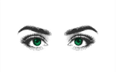 Human eye collage pop art mixed media element in Retro grunge halftone dotted texture. Dotted pop style. Vector grunge punk crazy