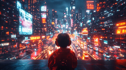 Cyberpunk Cityscape with a Lone Figure Wearing Headphones. Generative AI