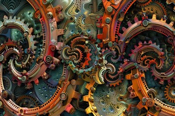 A series of interlocking gears representing the complex mechanisms of the human body, abstract representation, biological systems, scientific concept, vibrant colors, intricate