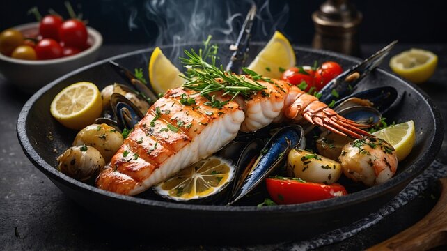 A beautifully plated seafood dish featuring shrimp, mussels, and potatoes, garnished with fresh herbs and lemon slices.