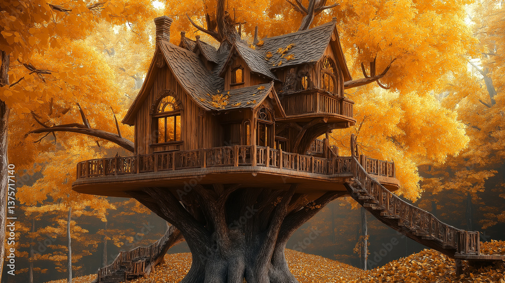 Poster a magical treehouse built on a massive tree with golden leaves