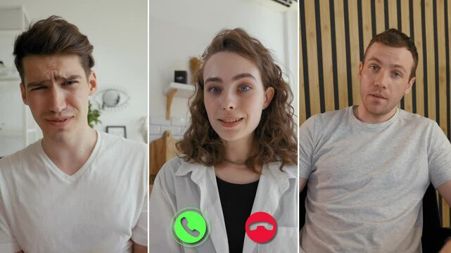 Three individuals engage in an online video call, each displayed in a separate section. Their facial expressions reflect various emotions, indicating a deep discussion.