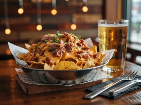Delicious plate of nachos topped with pulled pork and cheese served with a cold drink in a cozy restaurant setting