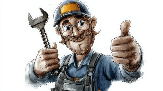 A jovial mechanic holds a wrench and gives a thumbs up, symbolizing a positive attitude and expertise in mechanical work, enhancing feelings of support and community.
