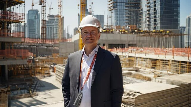 A business executive in a construction site, blending finance and industry.