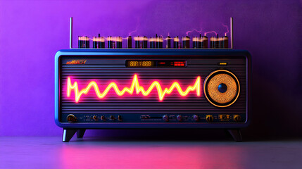 Vintage Radio with Sound Waves on Purple Background