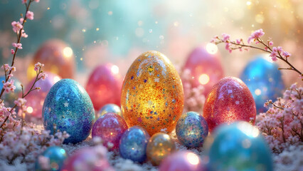Sparkling Color Eggs Amidst Flower Blossoms