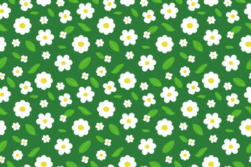 Spring seamless pattern flowers chamomile, leaves. Flat vector illustration on green background for wrapping paper, packages, cards, fabric