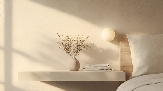 Calming bedroom scene with warm light, subtle decor, and inviting textures for a peaceful ambiance.