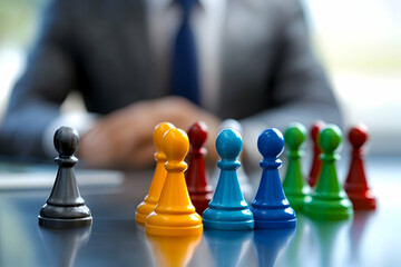 Businessman sitting behind colorful chess pawns, symbolizing diversity, teamwork, and strategic decision-making in leadership.