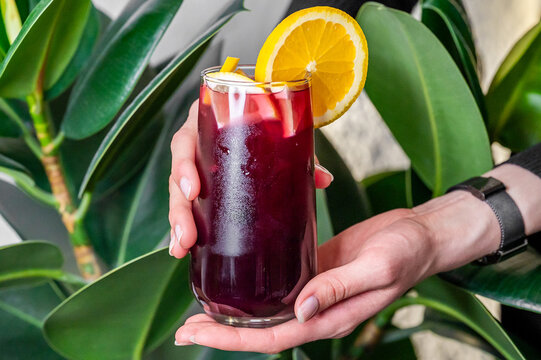 A hand holding a glass of red sangria garnished with an orange slice and lemon peel, set against a backdrop of lush green leaves. Refreshing summer drink with vibrant citrus accents. - Powered by Adobe