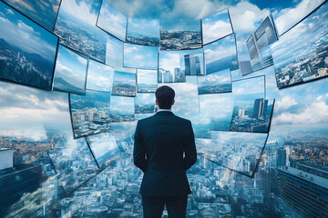 Business professional analyzing multiple digital screens in blue-toned sky background, representing data analysis and digital strategy.