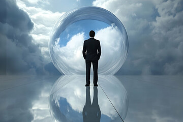 Businessman facing a transparent sphere surrounded by clouds, symbolizing vision, leadership, and innovation toward the future.