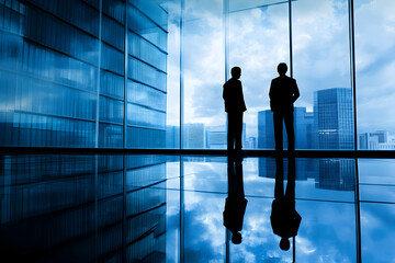 Silhouette of a business executive looking out a panoramic window at a vibrant, futuristic cityscape, contemplating success and future vision.