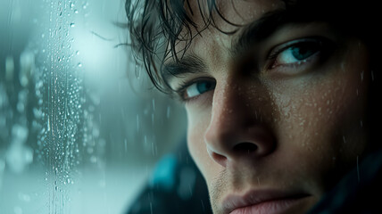 Pensive gaze of a young man, drenched in the rain, his blue eyes reflecting the somber mood of a rainy day.