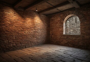 A brick wall in an empty room with wooden beams.