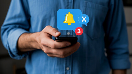 Man interacting with notification icons on a smartphone.