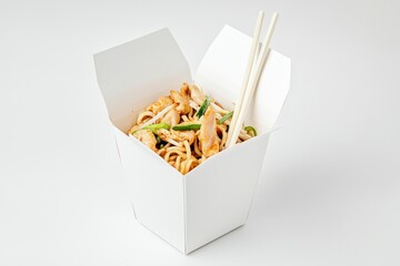Chicken Noodle Takeout Box with Chopsticks on White Background