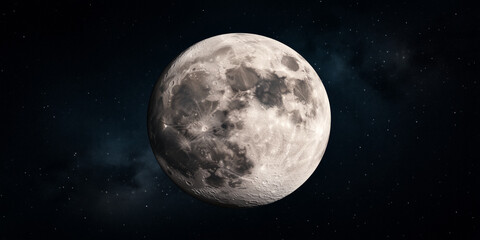 Obraz premium Full moon glowing over deep space with detailed craters and starry sky for astronomy, science or night sky exploration themes