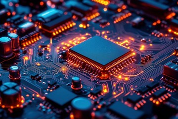 Obraz premium Close-up of a glowing microchip on a circuit board.