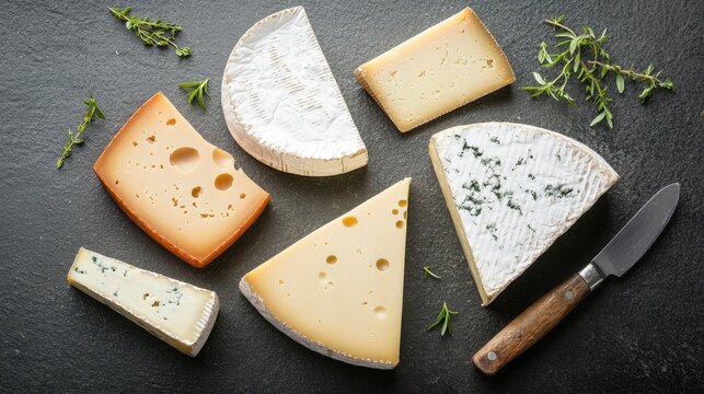 Assortment of Artisan Cheeses on Dark Slate with Fresh Herbs and Cheese Knife for Culinary Presentation - Powered by Adobe