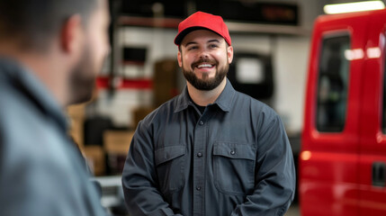 Salesperson provides vital safety tips to customers prior to their driving experience in a busy automotive workshop, fostering awareness and promoting safe practices.