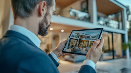 A real estate agent displays different apartment options on a tablet, engaging with potential buyers in a modern outdoor setting with elegant architecture surrounding them.