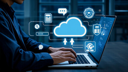 Person using laptop with cloud computing interface and security features