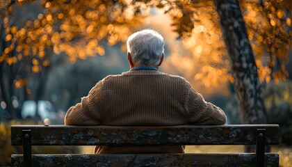 Elderly Man on Wooden Bench – Quiet Back View
