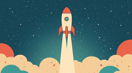 Retro Rocket Launching into a Starry Sky with Colorful Clouds and Cosmic Background