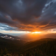 Obraz premium dawn, clouds, valley, dusk, tree, misty, horizon, travel, foggy, light