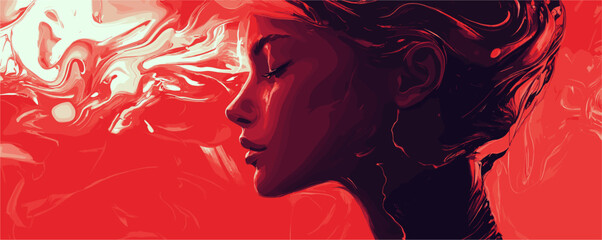 Fototapeta premium Abstract surreal profile of a woman in red and white fluid art vector.