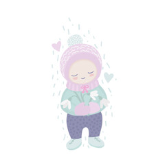 Spring illustration of a smiling child holding snowdrops. Cute funny character collects snowdrops in the snow. The soft pastel-colored illustration.