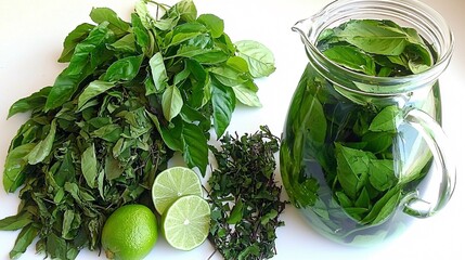Fresh herbs, lime slices, and infused water in a pitcher, ready for a refreshing drink