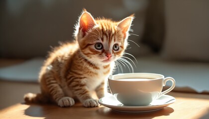 Small kitten sitting on a table with a cup of milk