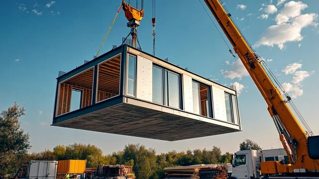 A crane lifting an entire prefabricated home, showcasing modular construction innovation.
