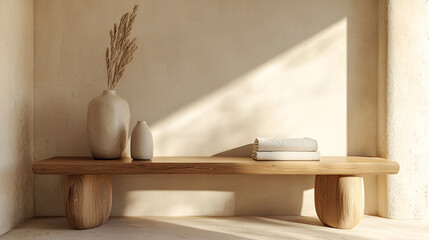 Serene interior with natural light, wooden bench, vases, dried flowers, and folded towels.