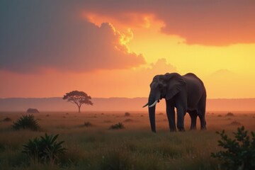 Fototapeta premium Elephant stands alone in the misty savannah at dawn, wildlife, nature