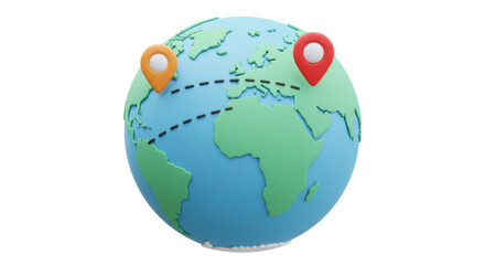 Isolated Globe with Location Pins and Route