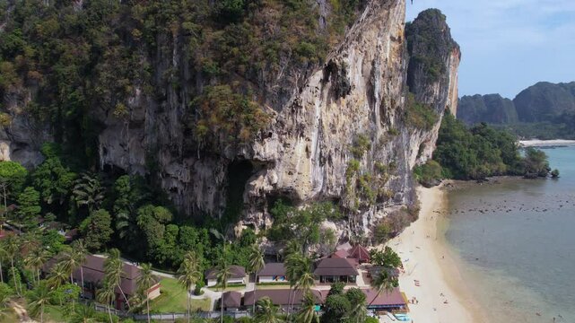 Drone Shot of Railay and Tosai Beach Under Steep Scenic Limestone Cliffs, Krabi Province, Thailand