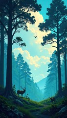 Fototapeta premium Forest landscape featuring silhouetted trees against a bright blue sky with greenery and wild animals, sky, greenery