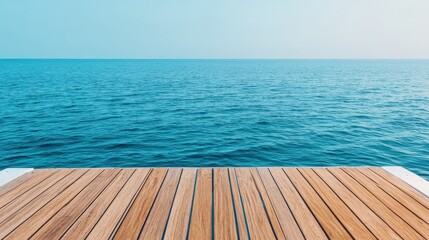 Fototapeta premium Serene Wooden Pier Overlooking Calm Blue Ocean Under Clear Sky for Tranquil Seaside Getaway Experience