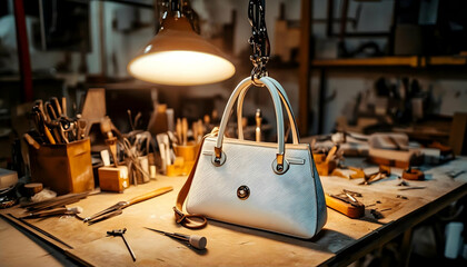 White Leather Handbag on a Craftsman's Workbench