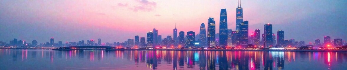 Obraz premium futuristic cityscape at dusk with sleek skyscrapers and neon lights reflected on the pristine white background , technology, night, modern