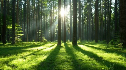 Obraz premium Sunlight filtering through tall forest trees