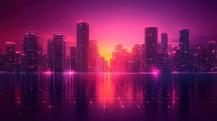 Neon cityscape reflected in water