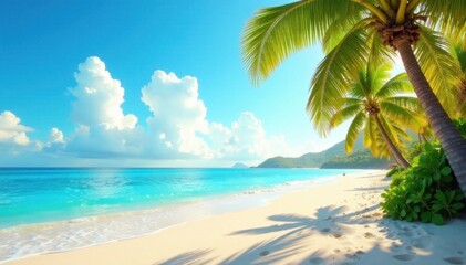 Obraz premium Gentle ocean breeze rustles the palm trees on a warm and sunny sandy beach, tropical, sand, beach